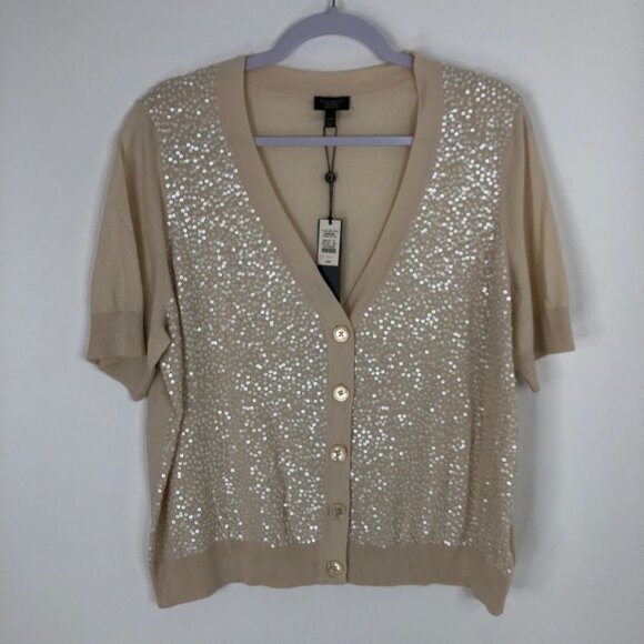 Talbots Women Cream Sequin Button Up Short Sleeve V-Neck Cardigan Size 2XP NWT - Picture 2 of 10